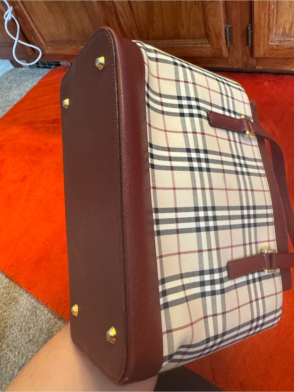Burberry Beige Nova Check Tote with Burgundy Trim and Gold Hardware - Picture 10 of 14